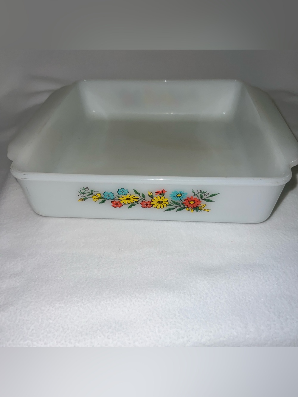 Anchor Hocking White Milk Glass Floral Casserole Dish with Multicolor Flowers